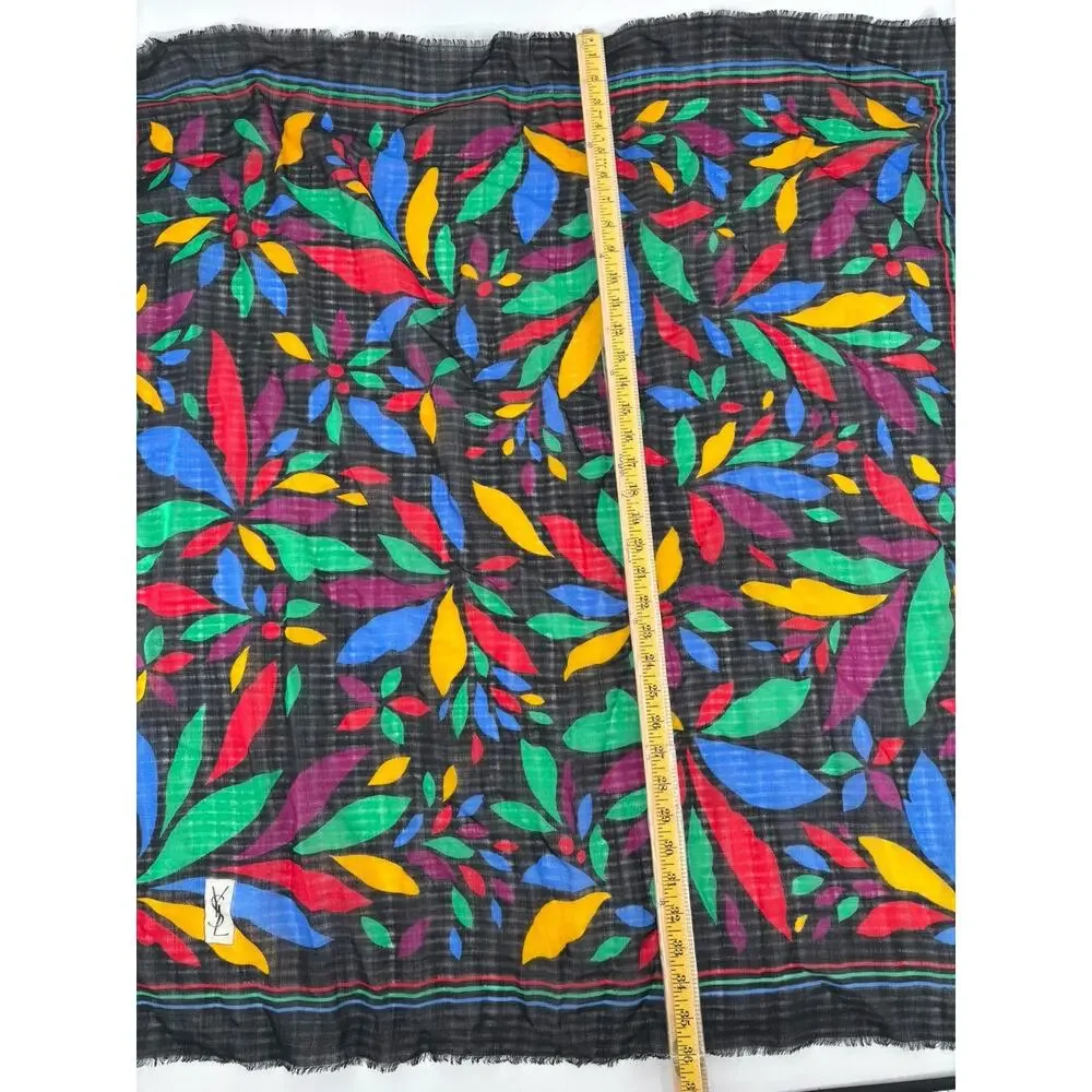 YSL Vintage Scarf Shawl Womens Black Multicolor Floral Fringe Sheer Wool Logo